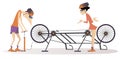 Man and woman ride on tandem bike. Broken tandem bike