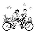 Man And Woman Riding Tandem Bicycle, Ink Art Illustration, Vector Vintage Clipart With Cartoon Characters