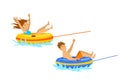 Man and woman riding tube extreme summer beach vacation holidays sport fun activity.