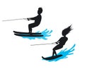 Man and woman riding waterski and wakeboard silhouette Royalty Free Stock Photo