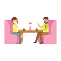 Man And Woman On Romantic Date, Smiling Person Having A Dessert In Sweet Pastry Cafe Vector Illustration