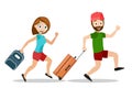 Man and a woman run with suitcases on vacation, on a white background
