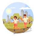 Runners with disabilities jogging, running marathon on prosthetic legs, vector illustration. Handicapped outdoor fitness