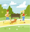 Man and woman running with dog in the park, summer landscape vector Illustration Royalty Free Stock Photo