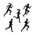 Man and woman running. Set of black silhouettes of running men and women. Vector.
