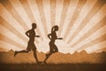Man and woman running silhouettes. 2d flat landscape, retro illustration. Sports and nature concept Royalty Free Stock Photo