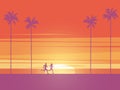 Man and woman running at sunrise or sunset on the beach with palm trees in background. Symbol of active, healthy, sport