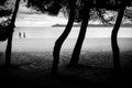 Man and woman running together on the beach. Black and white sport photo