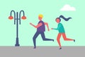Man and Woman Running Together in City Park Lamp Royalty Free Stock Photo