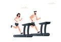 The man and woman running on a treadmill. sport fitness concept. Vector illustration in modern style. Guy and girl run on a Royalty Free Stock Photo