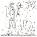 Man and woman from the 20s with their dog waiting in the autumn wind