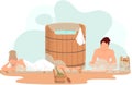 People in towels sitting in sauna. Couple in hot steam near big barrel spend time together