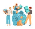 Man and Woman Saving Money in Piggy Bank Calculating Amount Vector Illustration