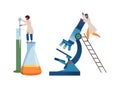 Man and Woman Scientist Character with Huge Flask and Microscope Conducting Scientific Research Vector Illustration Set Royalty Free Stock Photo