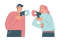 Angry couple arguing, screaming at each other through megaphones, flat vector illustration. Family conflict, quarrel.