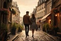 A man and a woman are seen walking together down a charming cobblestone street in an urban setting, A long shot of a couple Royalty Free Stock Photo