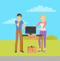 Man and Woman Selling Items at Garage Sale Vector