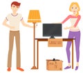 Man and Woman Selling Items at Garage Sale Vector