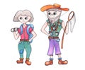 Man and woman senior traveler hand-drawn illustration. Smiling aged traveller. Grandmother and grandfather character.