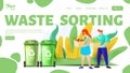 Man and woman separating organic and glass wastes. Waste sorting landing page template. Vector illustration.