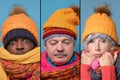 man and woman in several hats and scarfs standing with closed eyes. Royalty Free Stock Photo