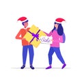 Man woman shoppers in santa hats fighting for last gift box customers couple on seasonal shopping sale fight concept