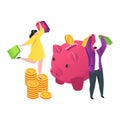 Man and woman with shopping bags depositing coins in a giant piggy bank. Saving money and consumerism concept. Rewarding