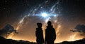 man and woman silhouette on front starry sky cosmic nebula universe esoteric background concept Royalty Free Stock Photo