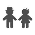 Man and Woman silhouette icon. Black shape. Restroom symbol. Hat and bow. Boy Girl sign. Isolated White background Flat design