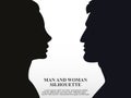 Man and woman silhouette in profile. Vector outline of a person`s face. Concept of communication and relationships between a man