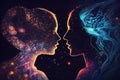 Man and woman silhouettes at the abstract cosmic background. Human souls couple in love. Generative AI.