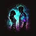 Man and woman silhouettes at abstract cosmic background