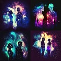 Man and woman silhouettes at abstract cosmic background