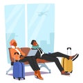 Man And Woman Sit On A Bench At The Airport With Luggage, Enjoying The Comfort Of Sitting Together and Sleeping Royalty Free Stock Photo