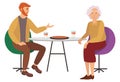 Man and woman sit at the table and eat fastfood in restaurant. Male character visit cafe with granny Royalty Free Stock Photo