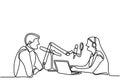 Man and woman sits in headphones at the microphone and broadcasts. One continuous line drawing of a young lady doing a podcast by