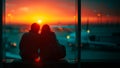 a man and woman are sitting at an airport terminal window looking out