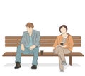 A man with a woman is sitting on a bench and drinking coffee. vector illustration. Royalty Free Stock Photo