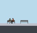 Man and woman sitting on benches in a park and talking. Outdoor lifestyle enjoying couple