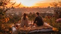 A man and woman sitting on a blanket in the grass. Generative AI image. Royalty Free Stock Photo