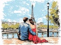 A Man And Woman Sitting On A Bridge Looking At The Eiffel Tower - honeymoon couple in paris Royalty Free Stock Photo