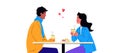 A man and a woman sitting in a cafe on a date. Couple drinking coffee at a romantic croissant breakfast. Vector Royalty Free Stock Photo