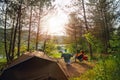 Man and woman sitting in chairs outside the tent, drink beer, clink bottles. Couple camping in forest. Happy couple on a camp trip Royalty Free Stock Photo