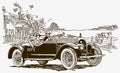 A man and a woman sitting in an antique car in front of a farm building