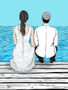 A Man And Woman Sitting On A Dock Looking At The Water - Wedding Couple Sitting on a Dock