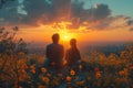 a man and a woman are sitting in a field of flowers watching the sun set