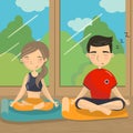 Man and woman sitting on the floor in lotus position, couple meditating in front of the window colorful vector