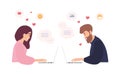 Man and woman sitting at laptops, using dating website and chatting. Romantic couple having conversation on internet