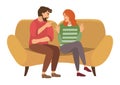 A man and a woman are sitting on a large sofa. A couple of people quarrels sitting on the couch