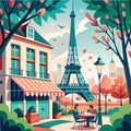 A man and a woman are sitting at a table in front of the Eiffel Tower. The scene is set in a city with a cafe and a park Royalty Free Stock Photo